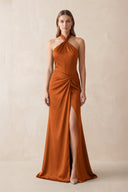 Halter Ruched Sheath Satin Bridesmaid Dress in Cinnamon - KISS BRIDAL Bridesmaid Dresses