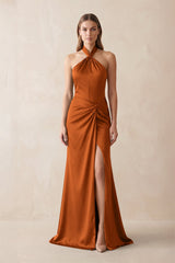 Halter Ruched Sheath Satin Bridesmaid Dress in Cinnamon - KISS BRIDAL Bridesmaid Dresses