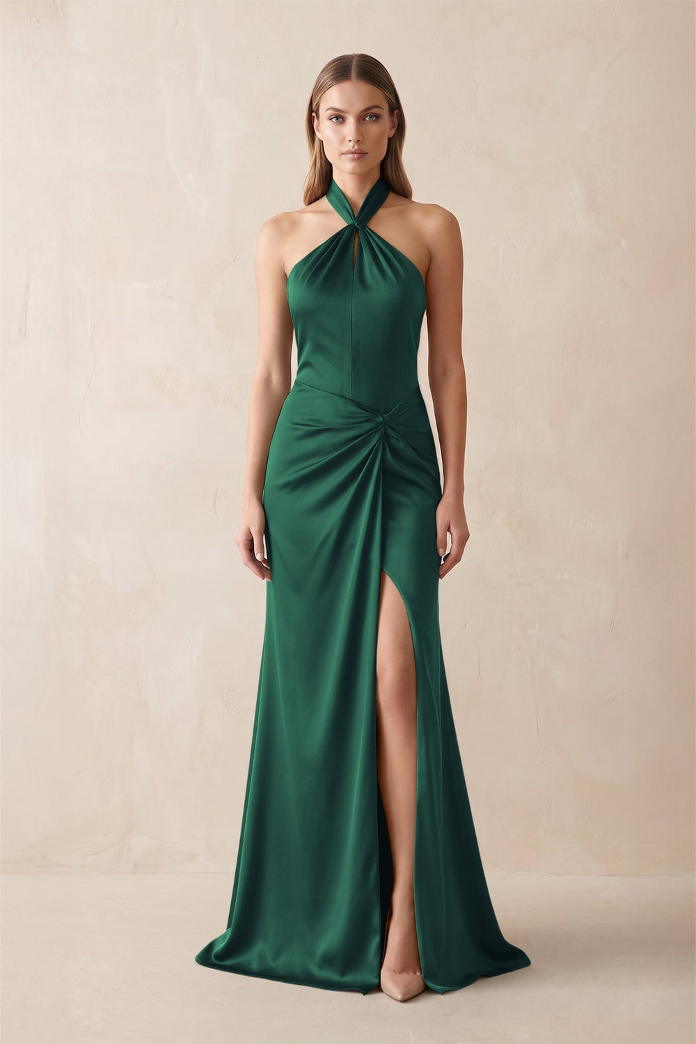 Halter Ruched Sheath Satin Bridesmaid Dress in Dark Green - KISS BRIDAL Bridesmaid Dresses
