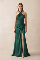 Halter Ruched Sheath Satin Bridesmaid Dress in Dark Green - KISS BRIDAL Bridesmaid Dresses