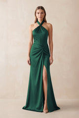Halter Ruched Sheath Satin Bridesmaid Dress in Dark Green - KISS BRIDAL Bridesmaid Dresses