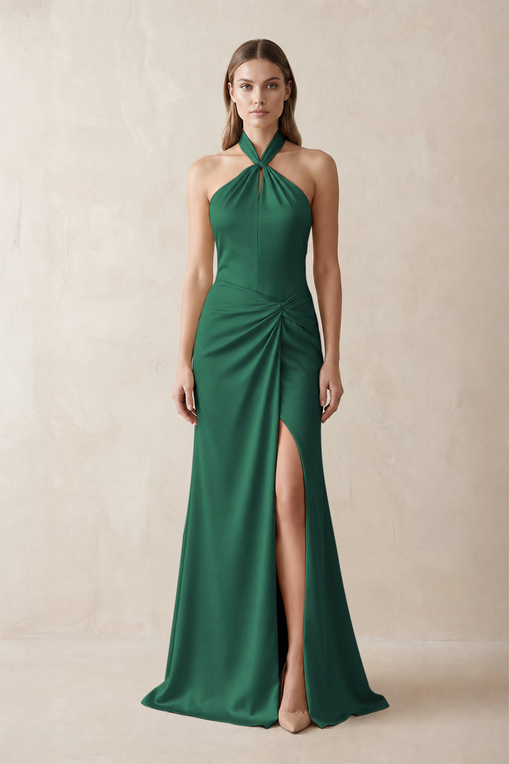 Halter Ruched Sheath Satin Bridesmaid Dress in Dark Green