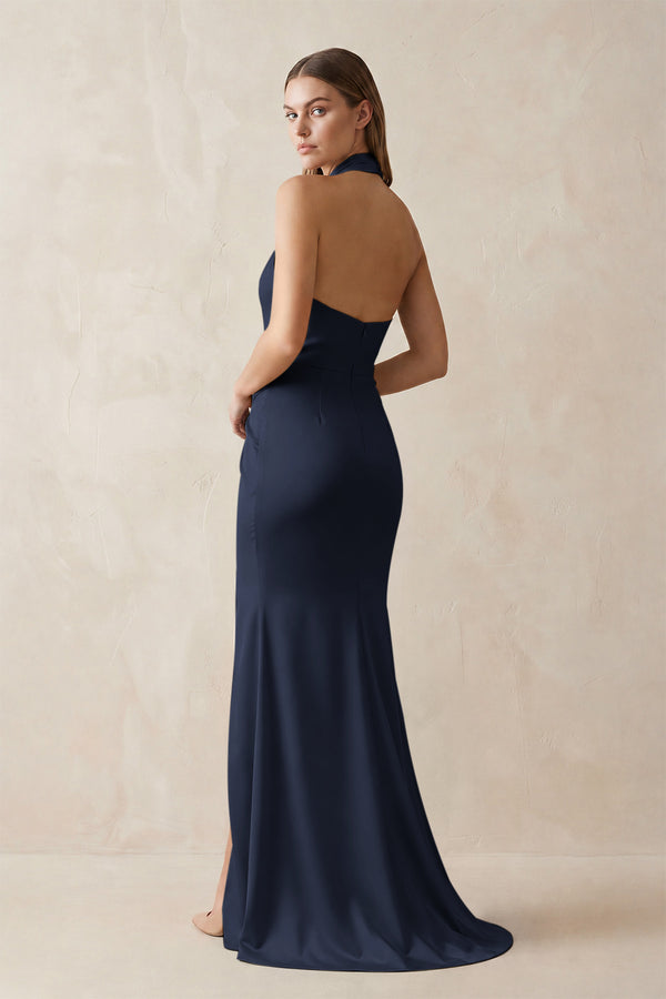 Halter Ruched Sheath Satin Bridesmaid Dress in Dark Navy (2) | KISSBRIDAL