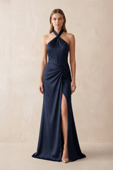 Halter Ruched Sheath Satin Bridesmaid Dress in Dark Navy - KISS BRIDAL Bridesmaid Dresses