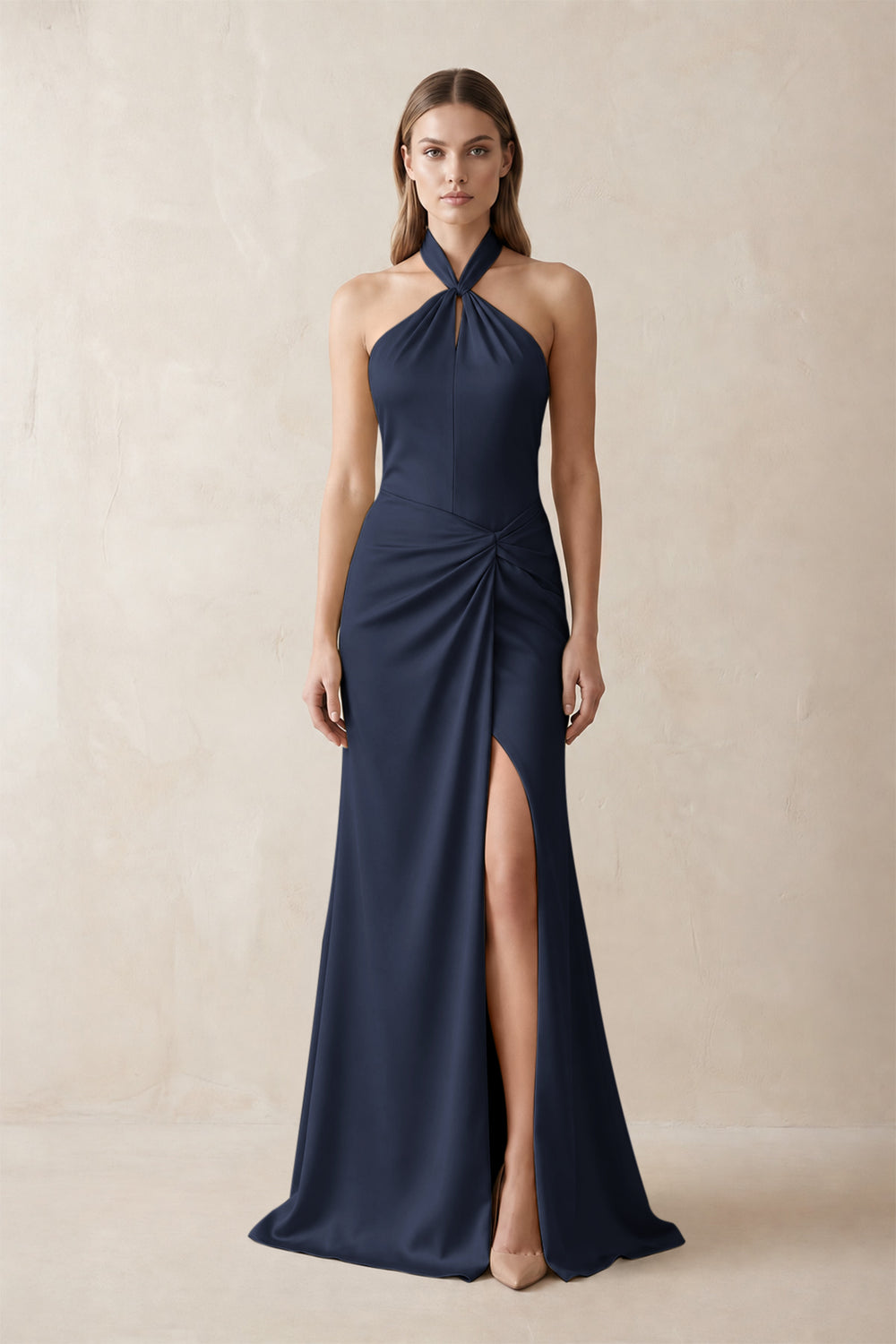 Halter Ruched Sheath Satin Bridesmaid Dress in Dark Navy