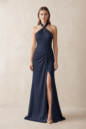 Halter Ruched Sheath Satin Bridesmaid Dress in Dark Navy | KISSBRIDAL