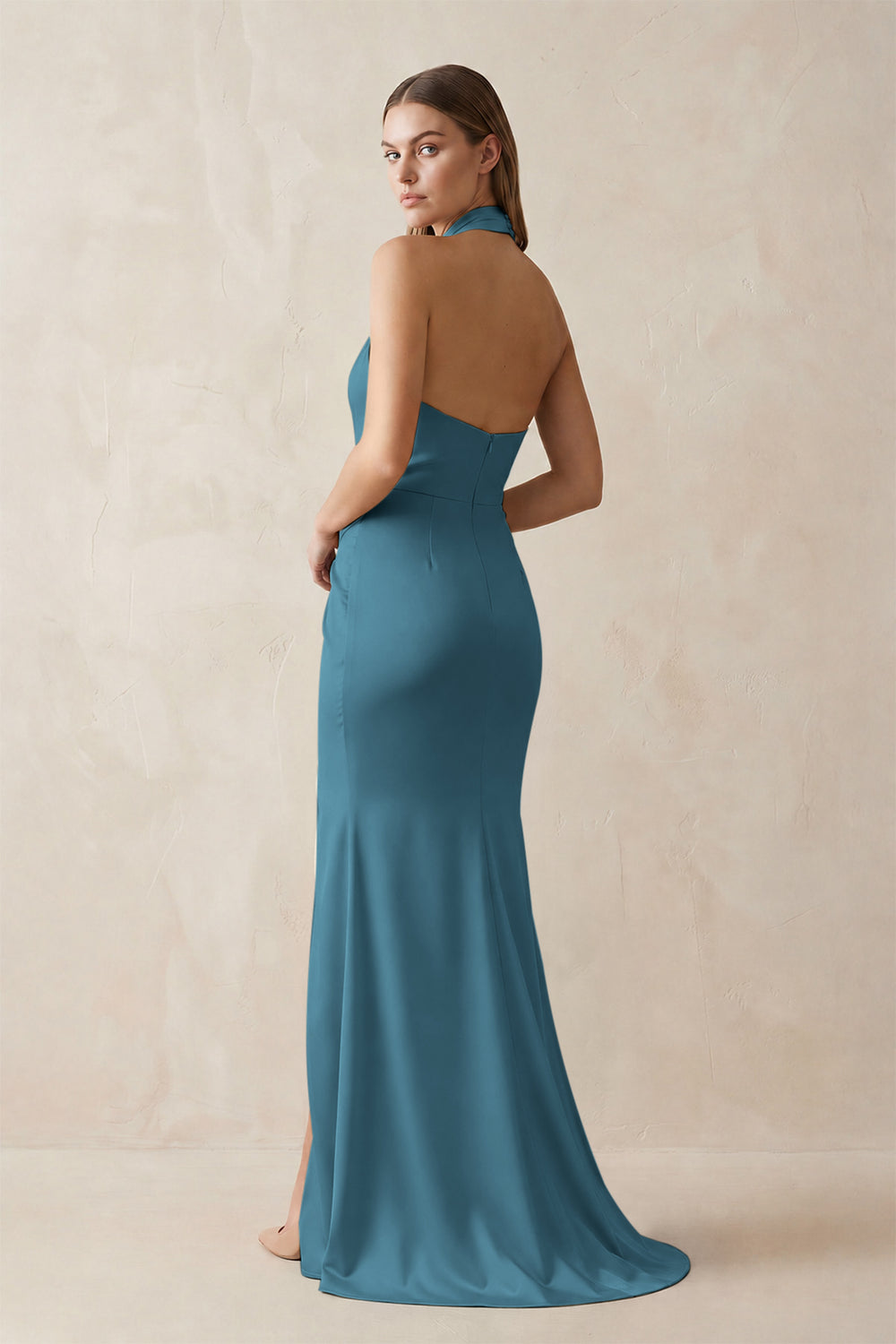 Halter Ruched Sheath Satin Bridesmaid Dress in Dark Teal