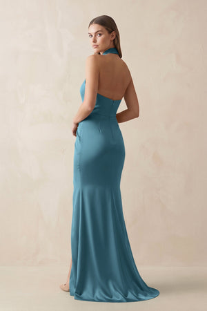 Halter Ruched Sheath Satin Bridesmaid Dress in Dark Teal - KISS BRIDAL Bridesmaid Dresses