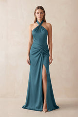 Halter Ruched Sheath Satin Bridesmaid Dress in Dark Teal - KISS BRIDAL Bridesmaid Dresses