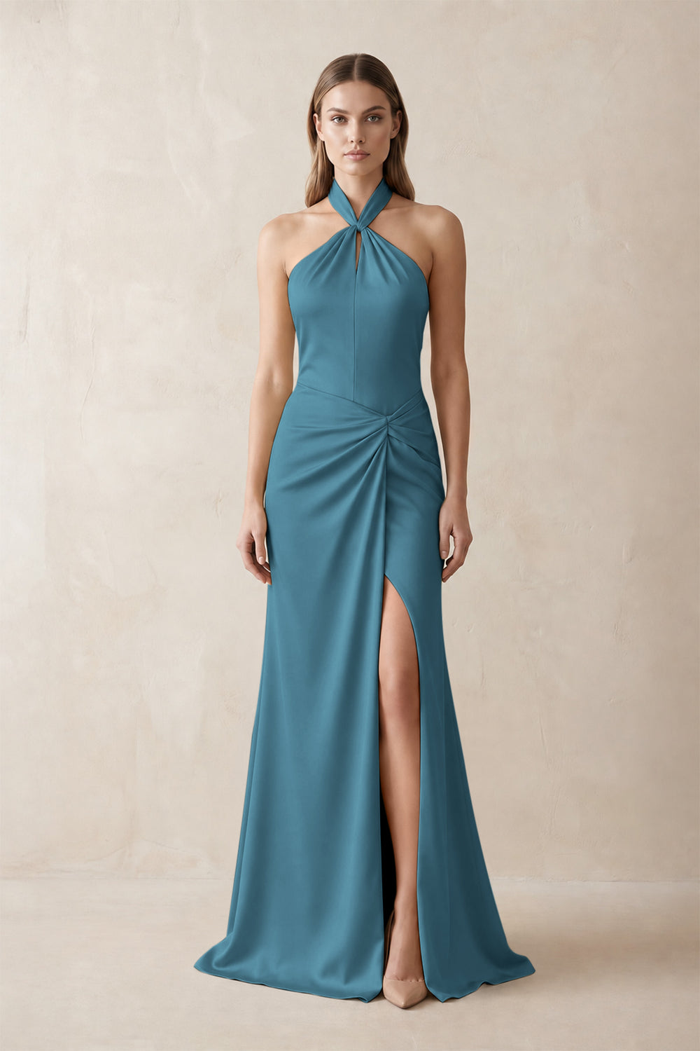 Halter Ruched Sheath Satin Bridesmaid Dress in Dark Teal
