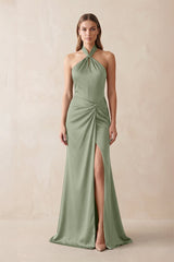 Halter Ruched Sheath Satin Bridesmaid Dress in Dove Gray - KISS BRIDAL Bridesmaid Dresses