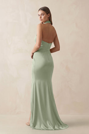 Halter Ruched Sheath Satin Bridesmaid Dress in Dove Gray - KISS BRIDAL Bridesmaid Dresses
