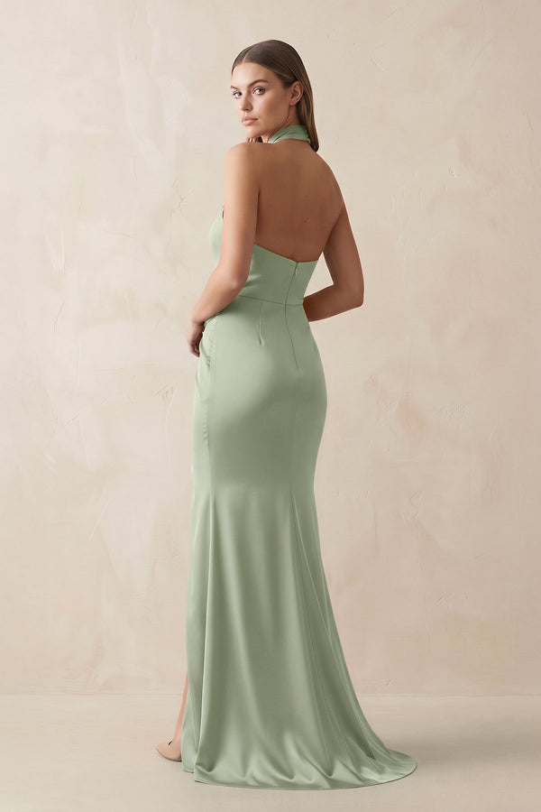 Halter Ruched Sheath Satin Bridesmaid Dress in Dove Gray - KISS BRIDAL Bridesmaid Dresses
