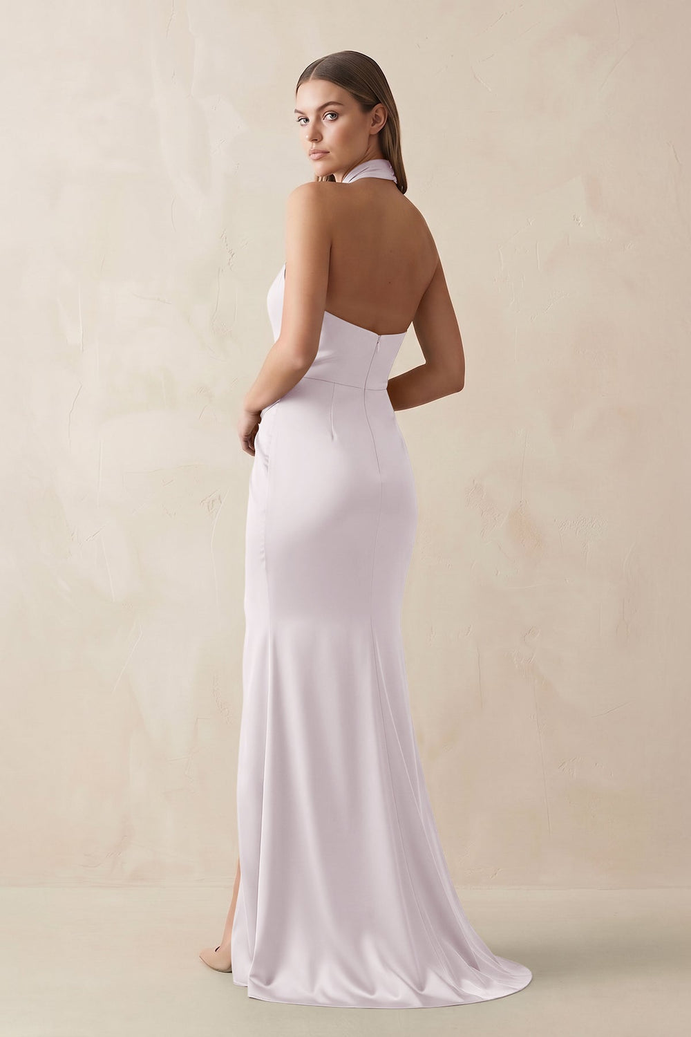 Halter Ruched Sheath Satin Bridesmaid Dress in Dusk - SHE IS ME Bridesmaid Dresses