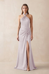 Halter Ruched Sheath Satin Bridesmaid Dress in Dusk - KISS BRIDAL Bridesmaid Dresses