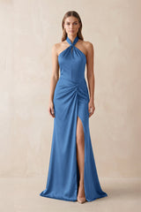 Halter Ruched Sheath Satin Bridesmaid Dress in Dusty Blue - KISS BRIDAL Bridesmaid Dresses