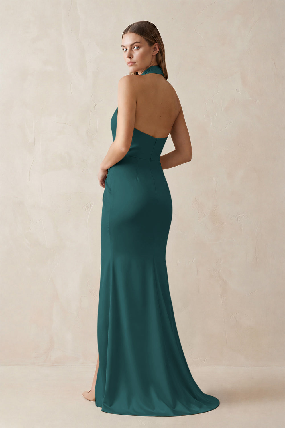 Halter Ruched Sheath Satin Bridesmaid Dress in Emerald