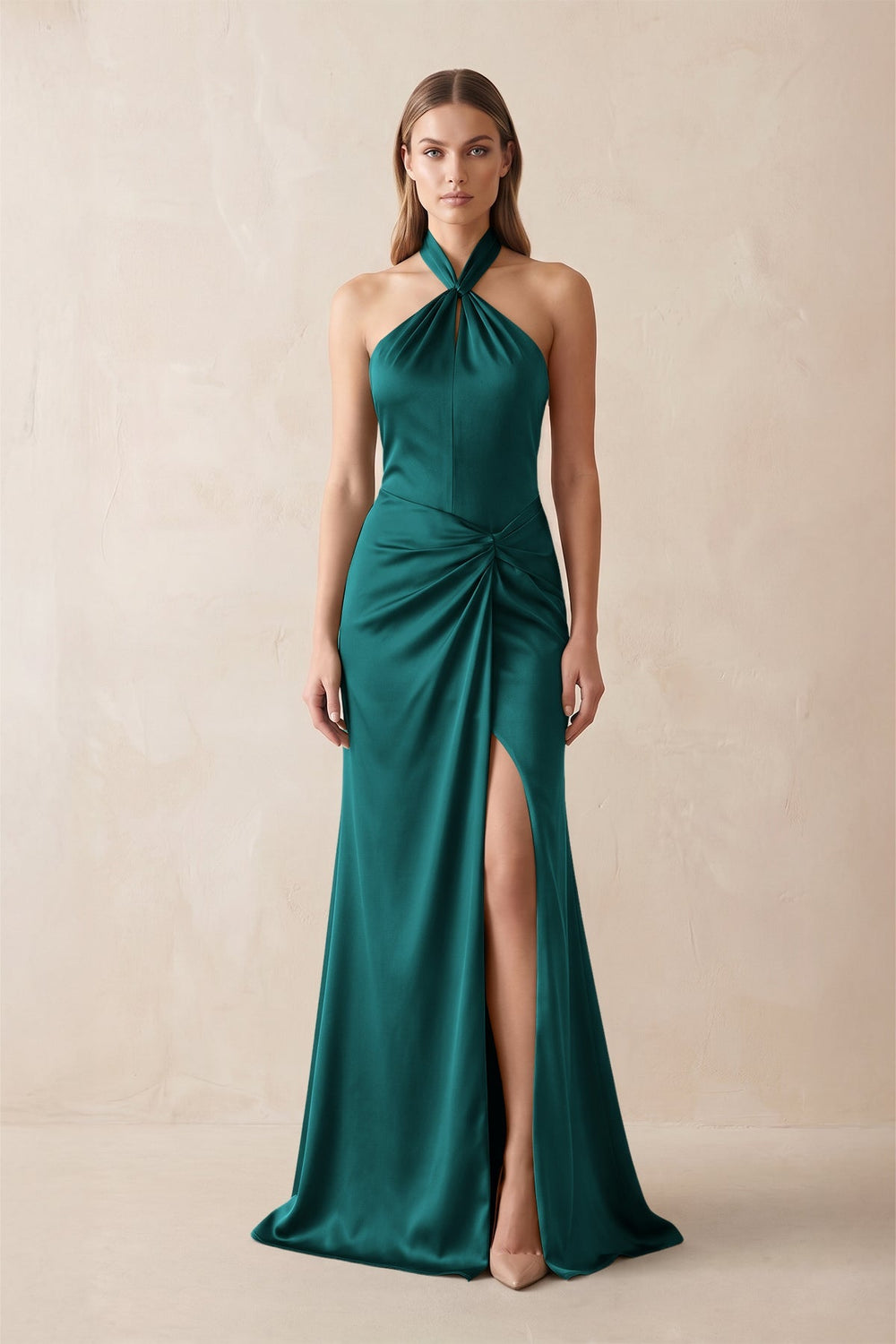 Halter Ruched Sheath Satin Bridesmaid Dress in Emerald - KISS BRIDAL Bridesmaid Dresses