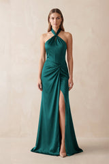Halter Ruched Sheath Satin Bridesmaid Dress in Emerald - KISS BRIDAL Bridesmaid Dresses
