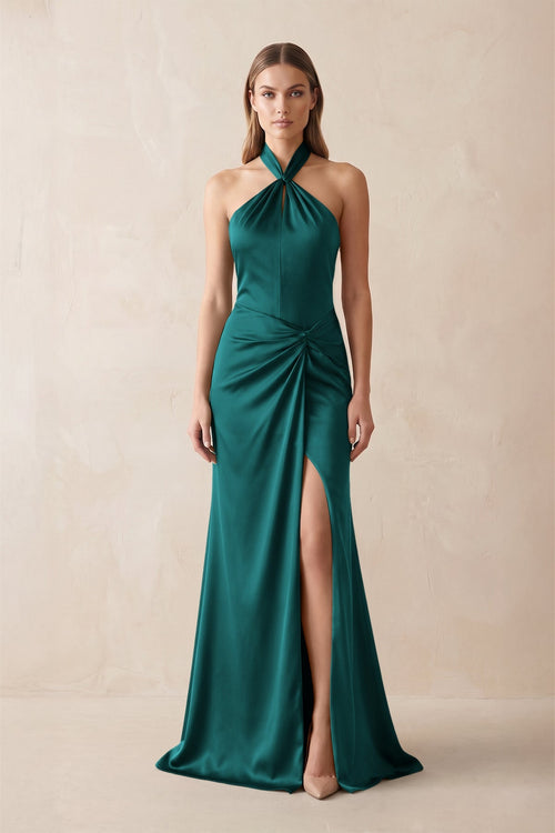 Halter Ruched Sheath Satin Bridesmaid Dress in Emerald - KISS BRIDAL Bridesmaid Dresses
