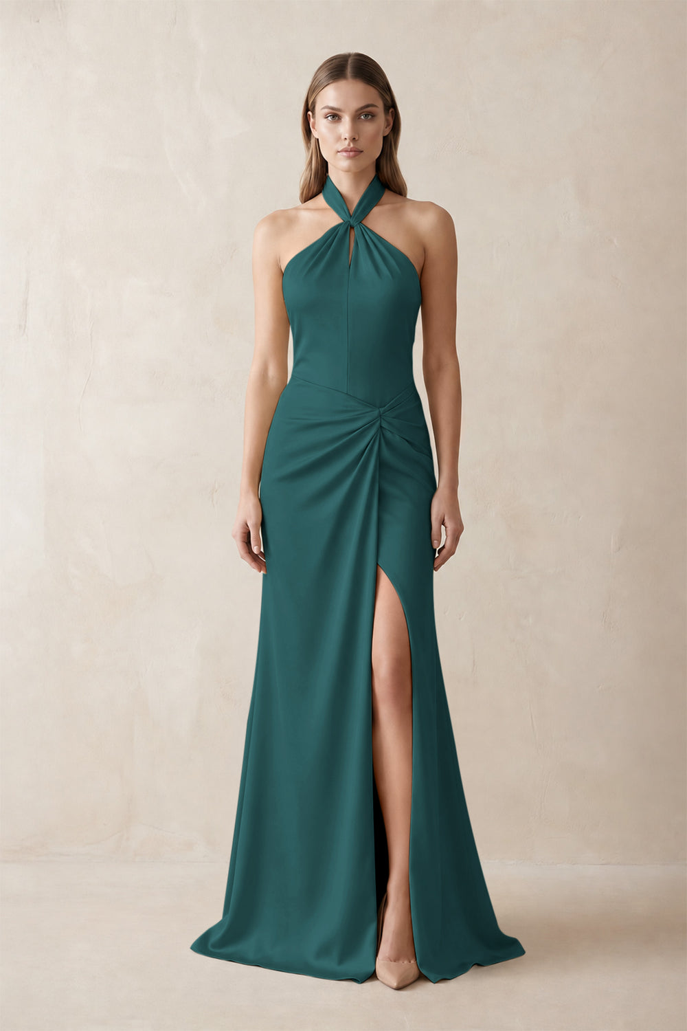 Halter Ruched Sheath Satin Bridesmaid Dress in Emerald