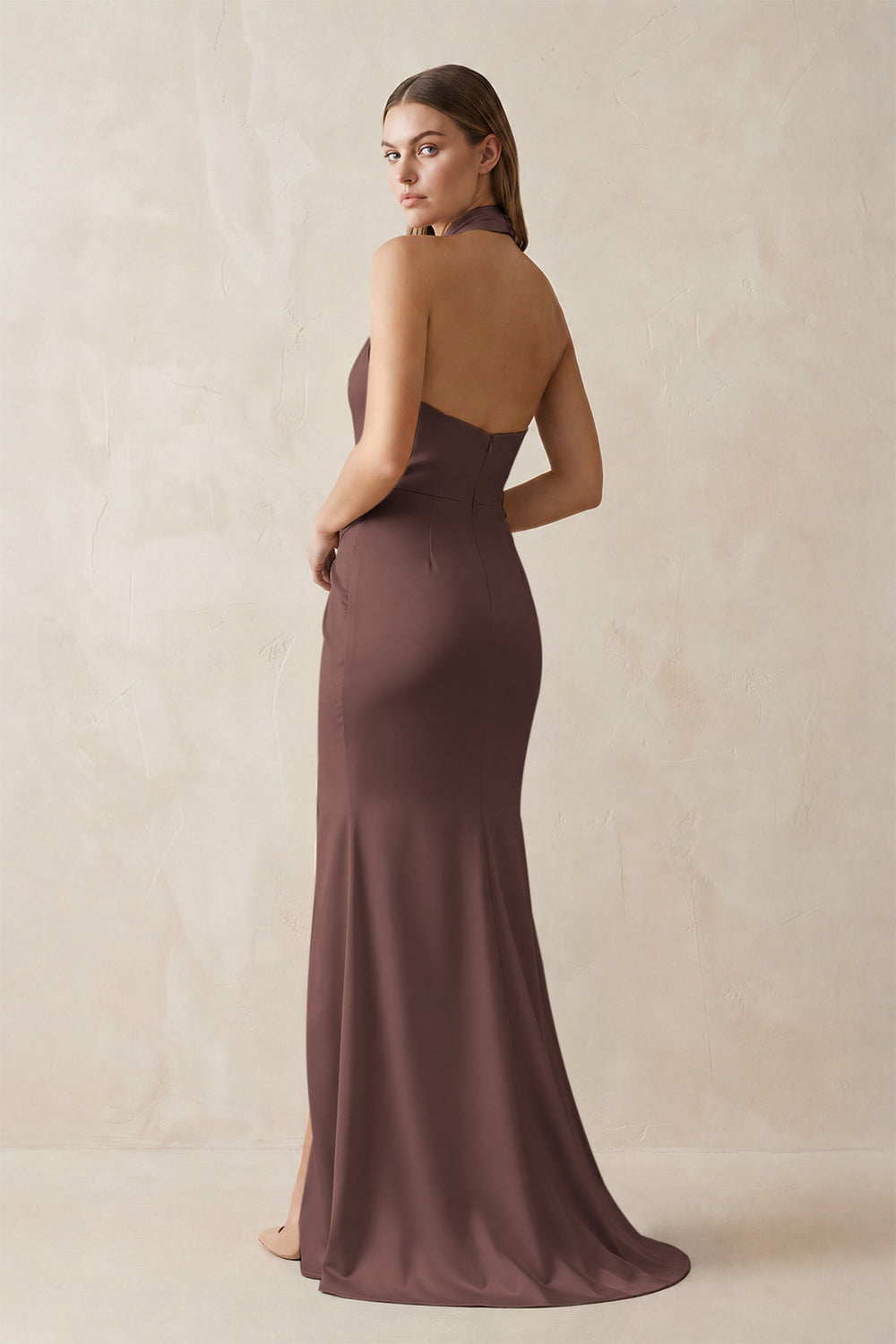 Halter Ruched Sheath Satin Bridesmaid Dress in Espresso