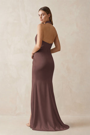 Halter Ruched Sheath Satin Bridesmaid Dress in Espresso (2) | KISSBRIDAL