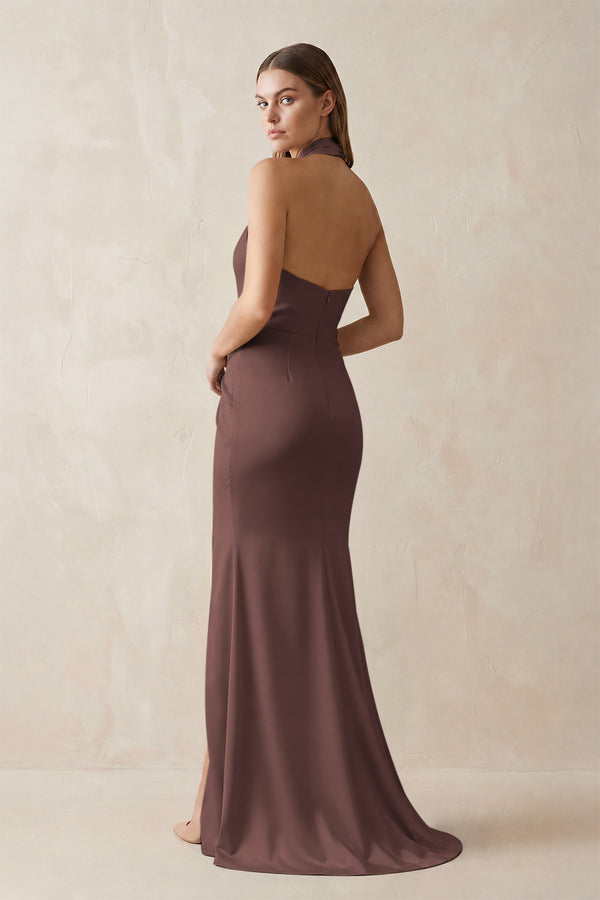 Halter Ruched Sheath Satin Bridesmaid Dress in Espresso (2) | KISSBRIDAL