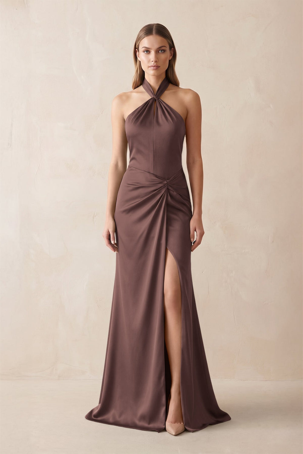 Halter Ruched Sheath Satin Bridesmaid Dress in Espresso - KISS BRIDAL Bridesmaid Dresses