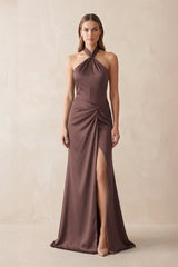 Halter Ruched Sheath Satin Bridesmaid Dress in Espresso - KISS BRIDAL Bridesmaid Dresses