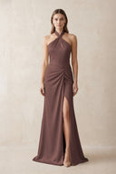 Halter Ruched Sheath Satin Bridesmaid Dress in Espresso | KISSBRIDAL