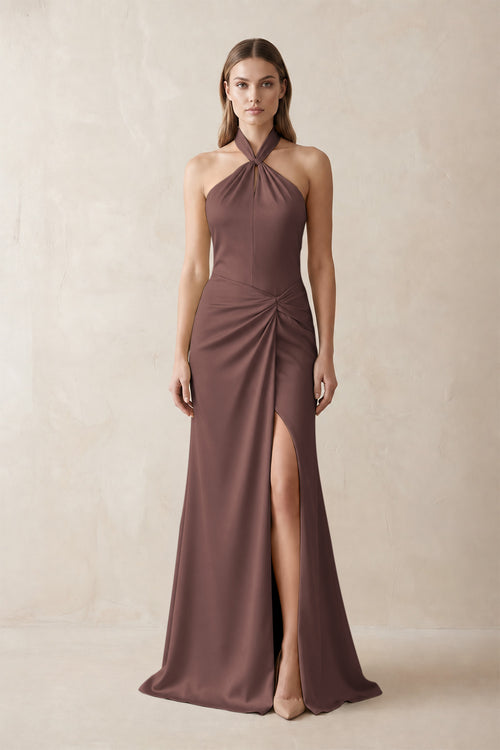 Halter Ruched Sheath Satin Bridesmaid Dress in Espresso | KISSBRIDAL