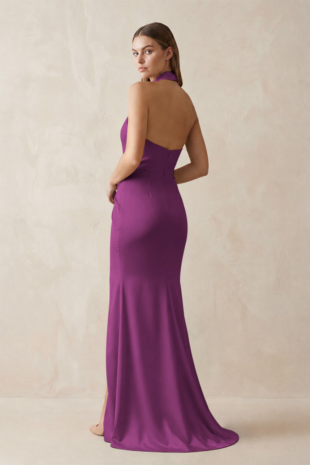 Halter Ruched Sheath Satin Bridesmaid Dress in Fig