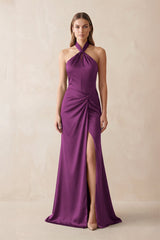 Halter Ruched Sheath Satin Bridesmaid Dress in Fig - KISS BRIDAL Bridesmaid Dresses