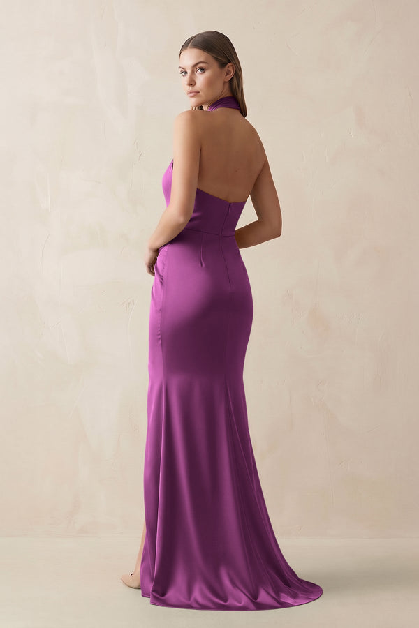 Halter Ruched Sheath Satin Bridesmaid Dress in Fig - KISS BRIDAL Bridesmaid Dresses
