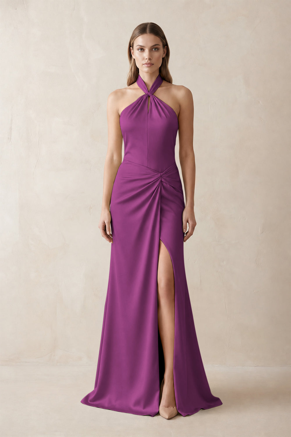 Halter Ruched Sheath Satin Bridesmaid Dress in Fig
