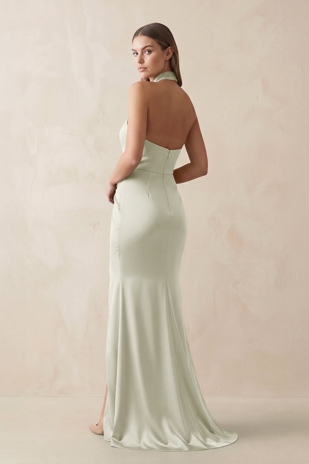 Halter Ruched Sheath Satin Bridesmaid Dress in Frost - KISS BRIDAL Bridesmaid Dresses