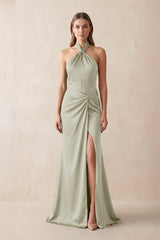 Halter Ruched Sheath Satin Bridesmaid Dress in Frost - KISS BRIDAL Bridesmaid Dresses