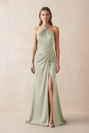Halter Ruched Sheath Satin Bridesmaid Dress in Frost - KISS BRIDAL Bridesmaid Dresses