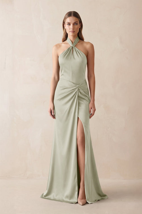 Halter Ruched Sheath Satin Bridesmaid Dress in Frost - KISS BRIDAL Bridesmaid Dresses