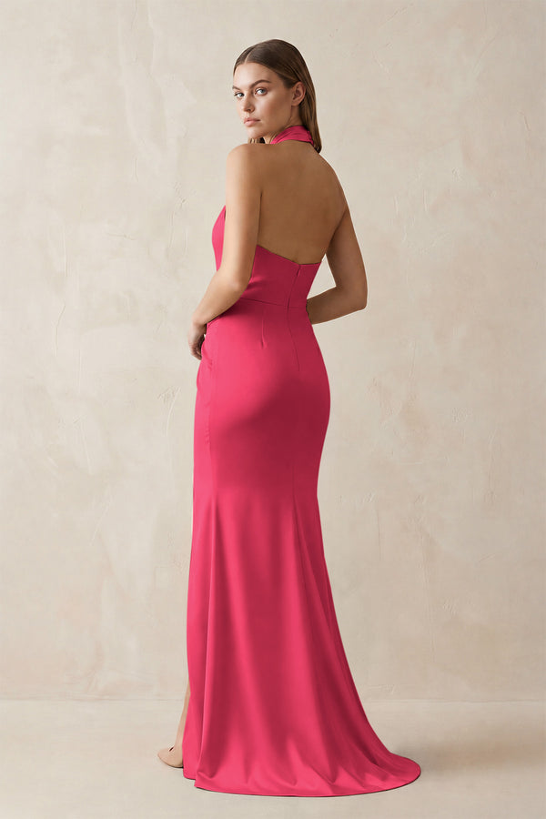 Halter Ruched Sheath Satin Bridesmaid Dress in Fuchsia (2) | KISSBRIDAL