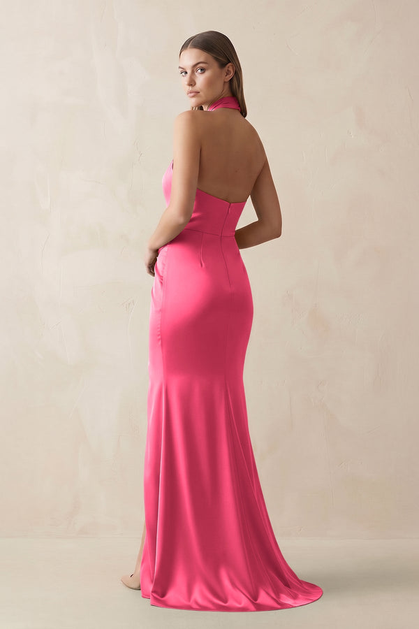 Halter Ruched Sheath Satin Bridesmaid Dress in Fuchsia - KISS BRIDAL Bridesmaid Dresses