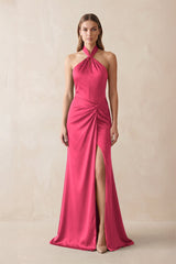 Halter Ruched Sheath Satin Bridesmaid Dress in Fuchsia - KISS BRIDAL Bridesmaid Dresses