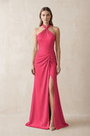 Halter Ruched Sheath Satin Bridesmaid Dress in Fuchsia | KISSBRIDAL