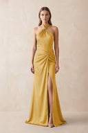 Halter Ruched Sheath Satin Bridesmaid Dress in Gold - KISS BRIDAL Bridesmaid Dresses
