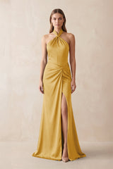 Halter Ruched Sheath Satin Bridesmaid Dress in Gold - KISS BRIDAL Bridesmaid Dresses