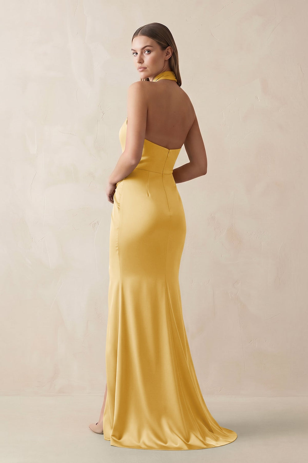 Halter Ruched Sheath Satin Bridesmaid Dress in Gold - KISS BRIDAL Bridesmaid Dresses