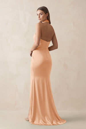 Halter Ruched Sheath Satin Bridesmaid Dress in Golden Champagne - KISS BRIDAL Bridesmaid Dresses