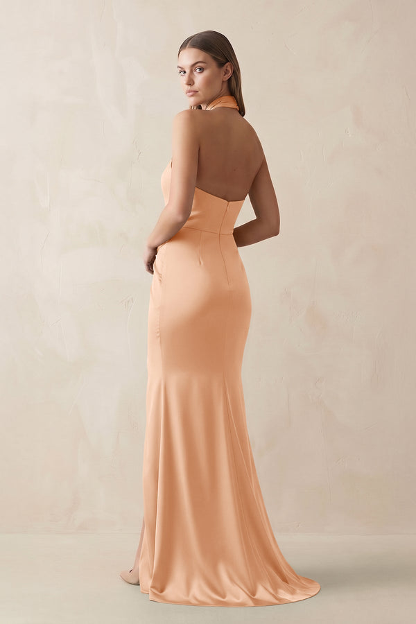 Halter Ruched Sheath Satin Bridesmaid Dress in Golden Champagne - KISS BRIDAL Bridesmaid Dresses