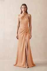 Halter Ruched Sheath Satin Bridesmaid Dress in Golden Champagne - KISS BRIDAL Bridesmaid Dresses